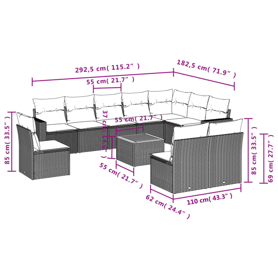 -Delige Loungeset Met Kussens Poly Rattan Zwart en crème
