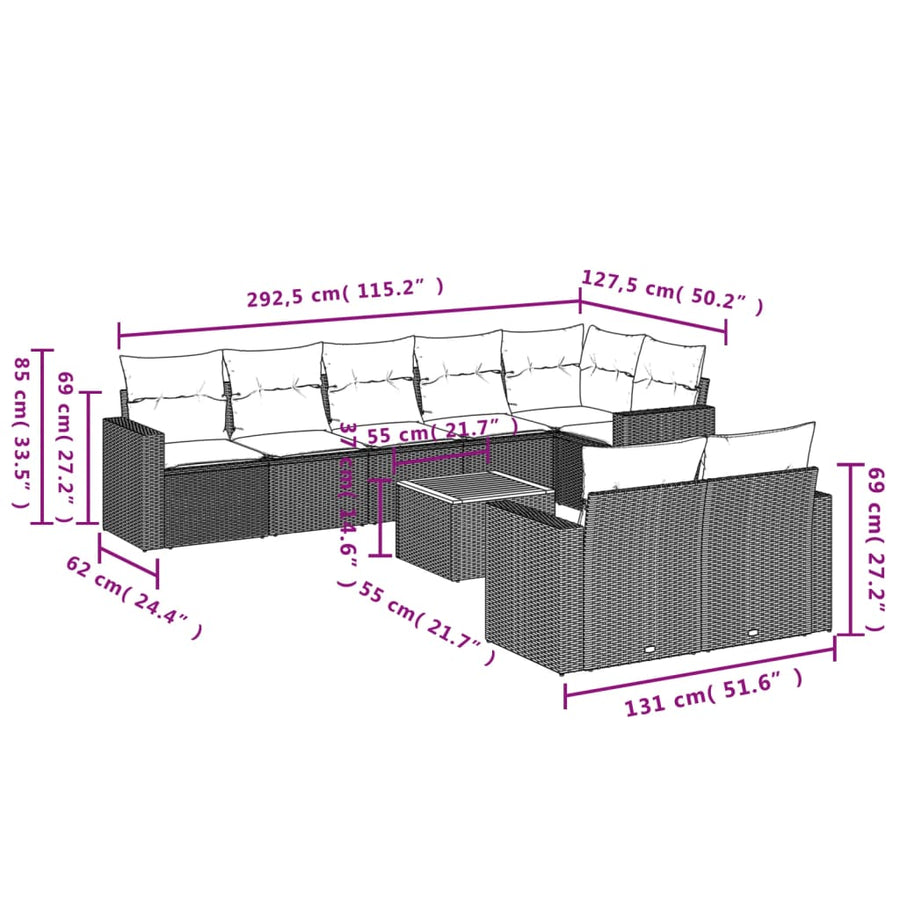 9-Delige Loungeset Met Kussens Poly Rattan Grijs