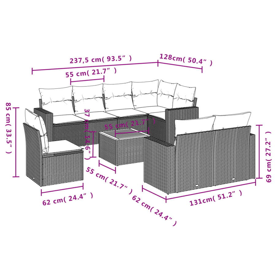 9-Delige Loungeset Met Kussens Poly Rattan Beige