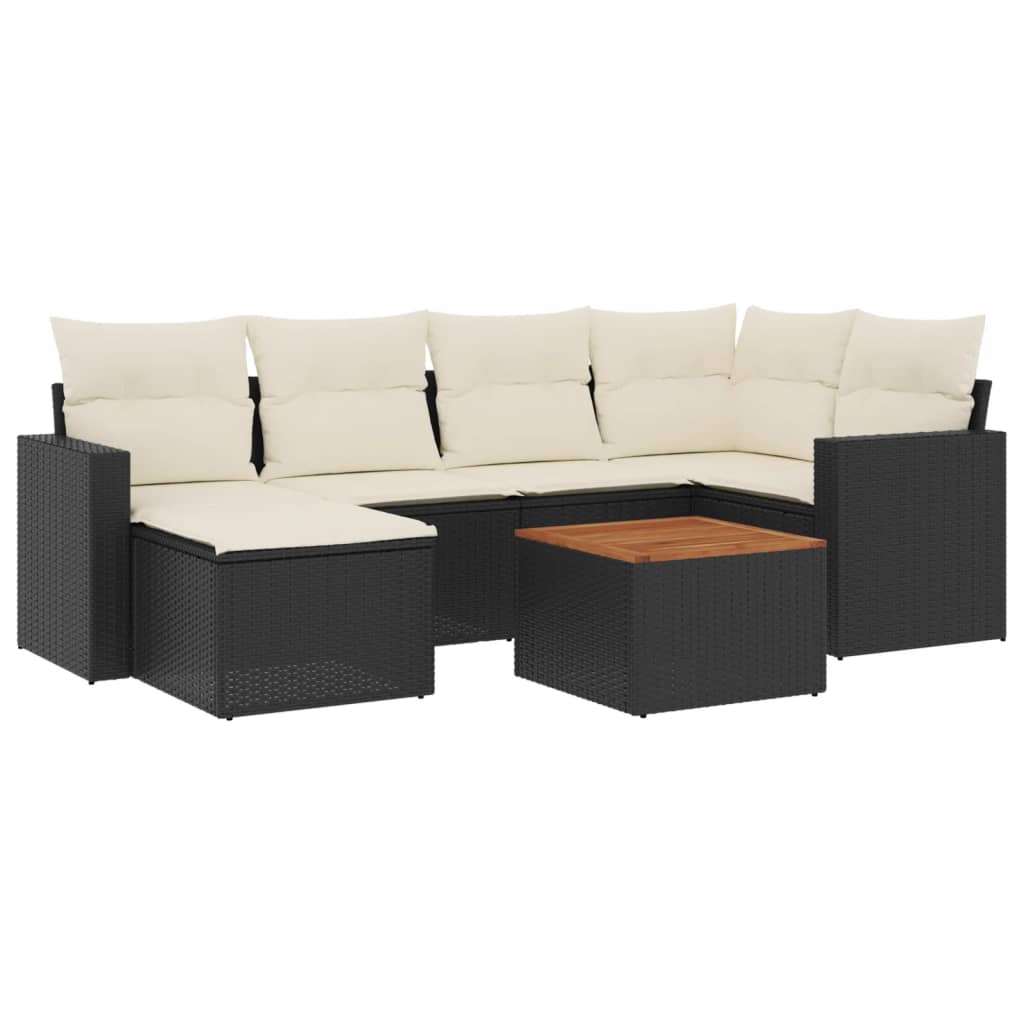 7-Delige Loungeset Met Kussens Poly Rattan Zwart en crème