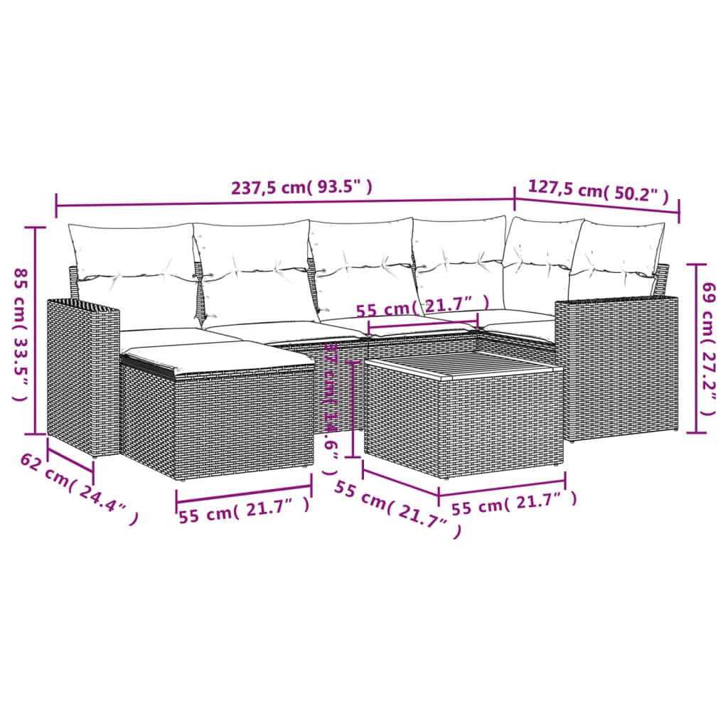 7-Delige Loungeset Met Kussens Poly Rattan Zwart en crème