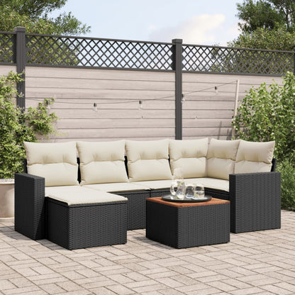 7-Delige Loungeset Met Kussens Poly Rattan Zwart en crème