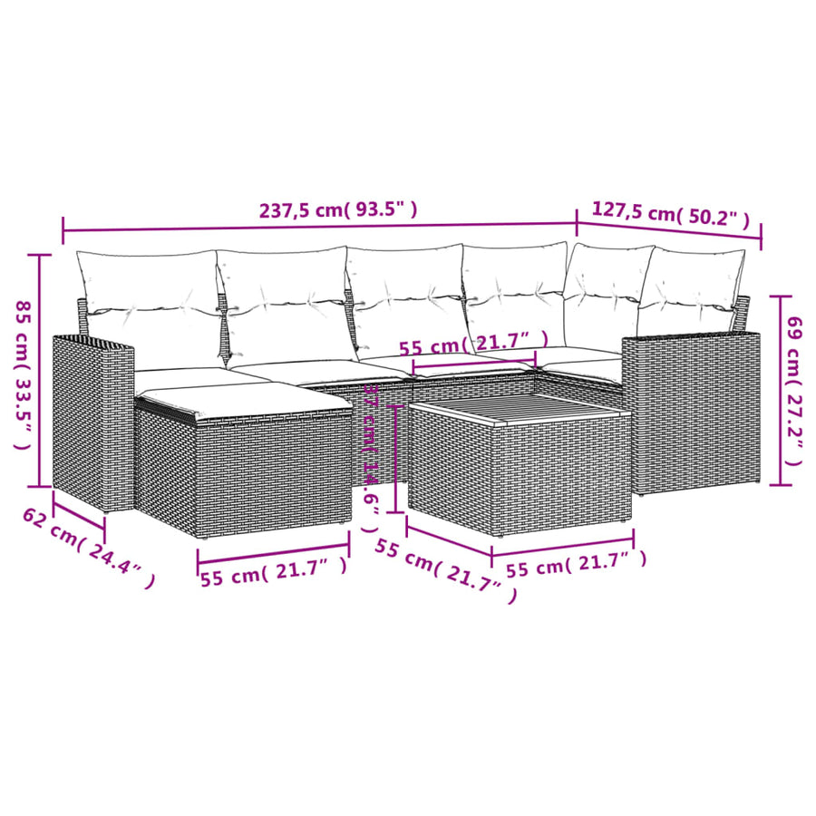 7-delige Loungeset met kussens poly rattan beige