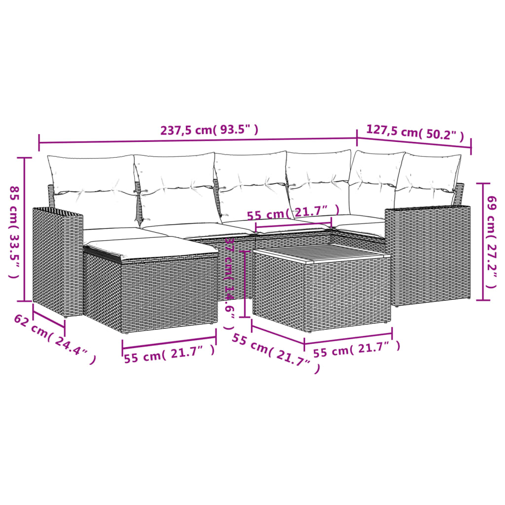 7-Delige Loungeset Met Kussens Poly Rattan Beige en grijs