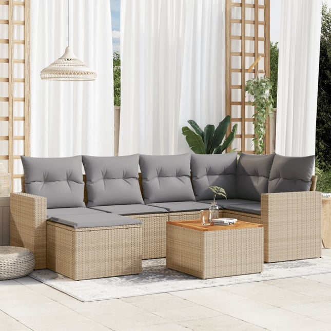 7-Delige Loungeset Met Kussens Poly Rattan Beige en grijs