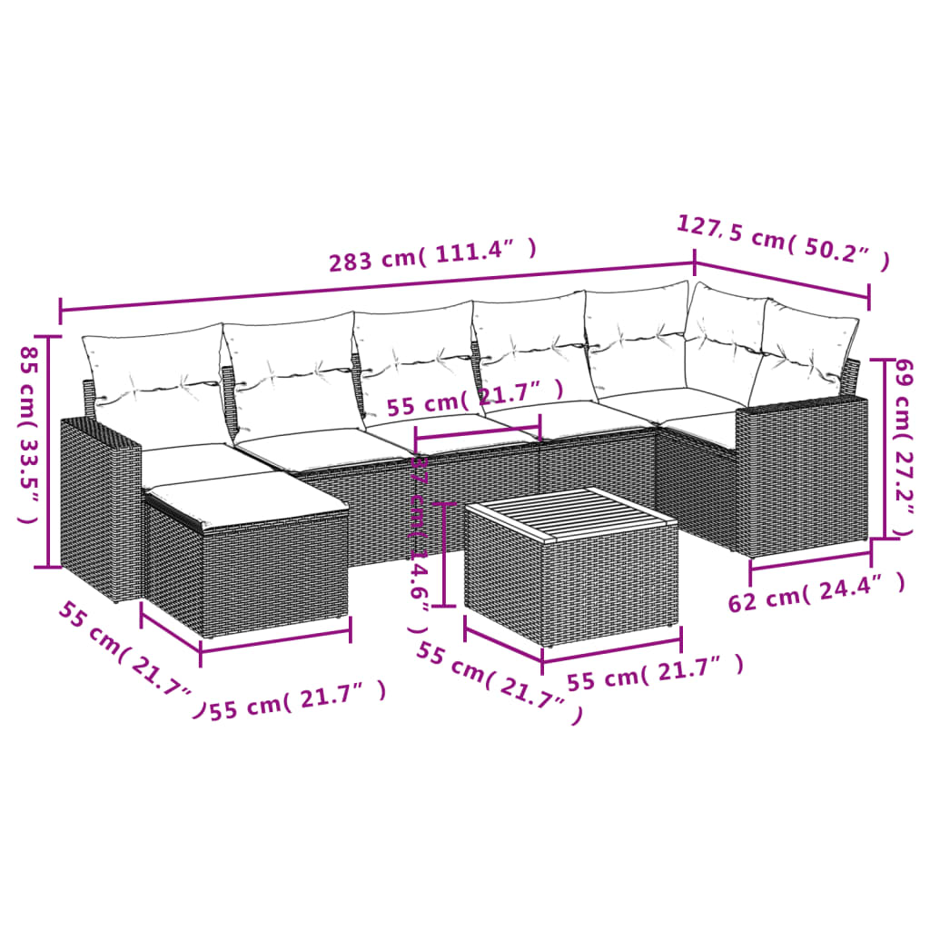 8-Delige Loungeset Met Kussens Poly Rattan Grijs