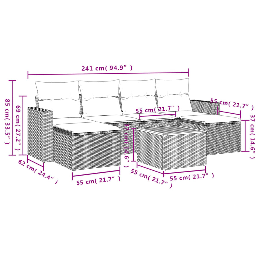 7-Delige Loungeset Met Kussens Poly Rattan Grijs