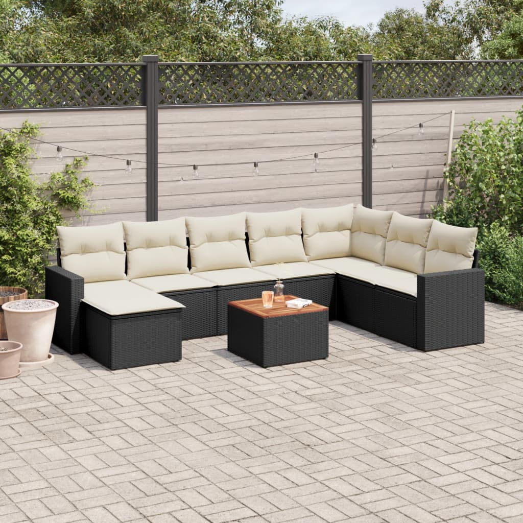 9-Delige Loungeset Met Kussens Poly Rattan Zwart en crème