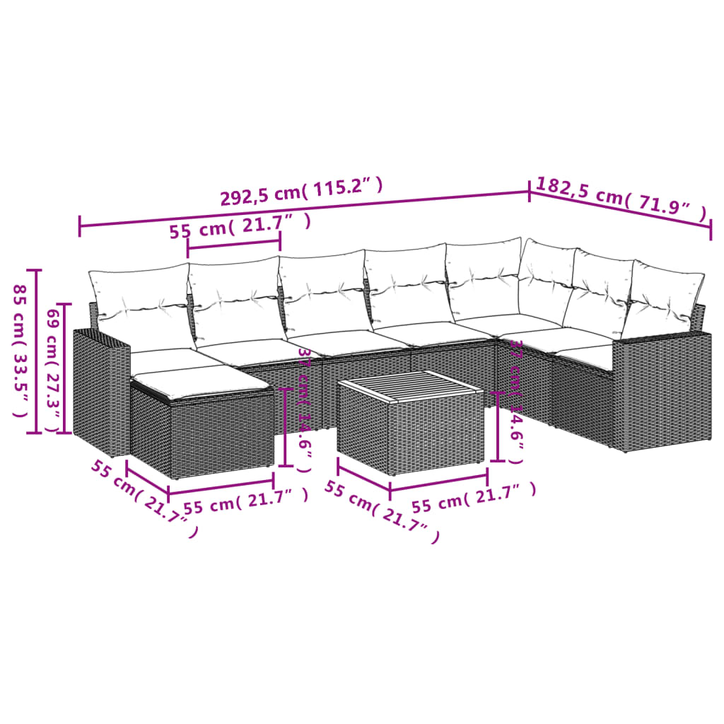 9-Delige Loungeset Met Kussens Poly Rattan Beige beige and cream