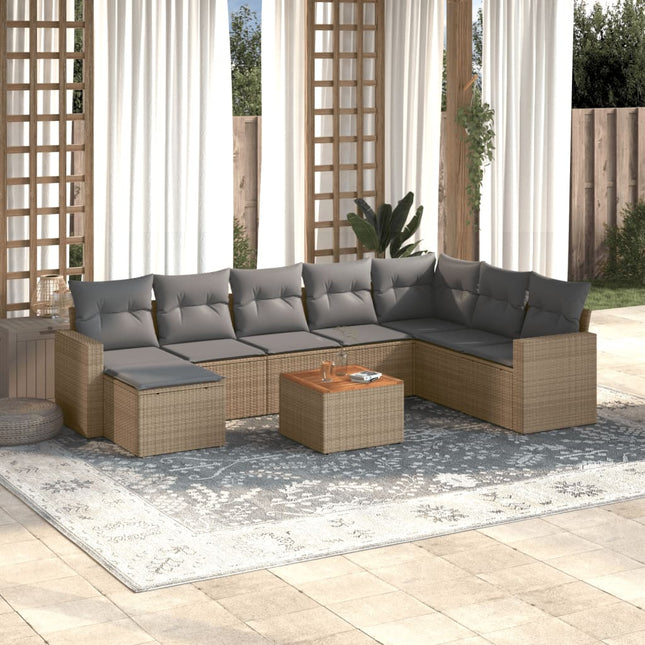 9-Delige Loungeset Met Kussens Poly Rattan Beige en grijs