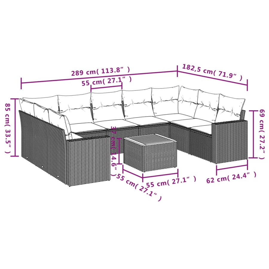 10-Delige Loungeset Met Kussens Poly Rattan Beige