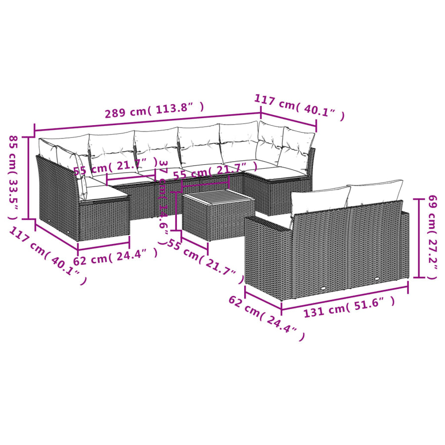 10-Delige Loungeset Met Kussens Poly Rattan Grijs