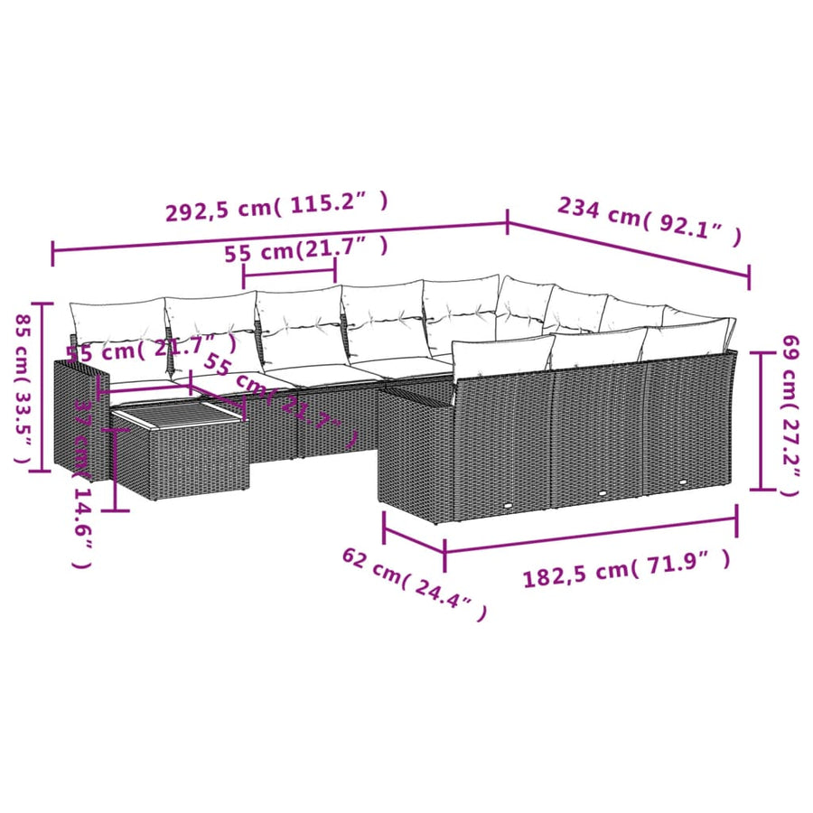11-Delige Loungeset Met Kussens Poly Rattan Grijs