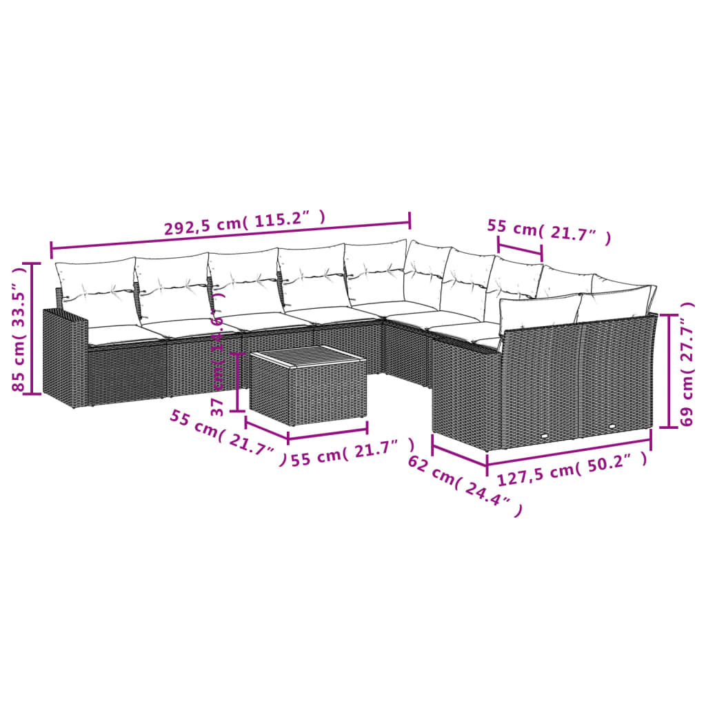 11-Delige Tuinset Met Kussens Poly Rattan Beige