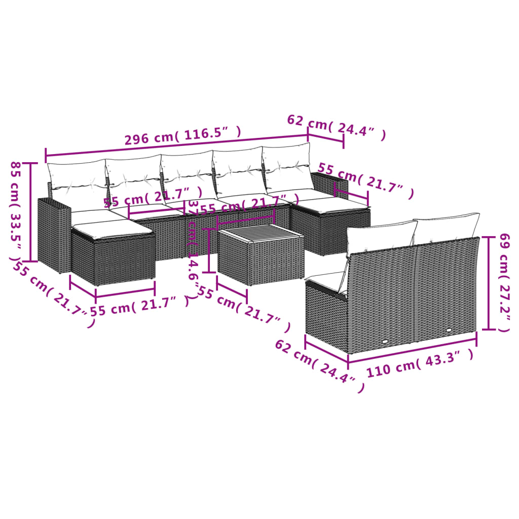 0-Delige Loungeset Met Kussens Poly Rattan Grijs