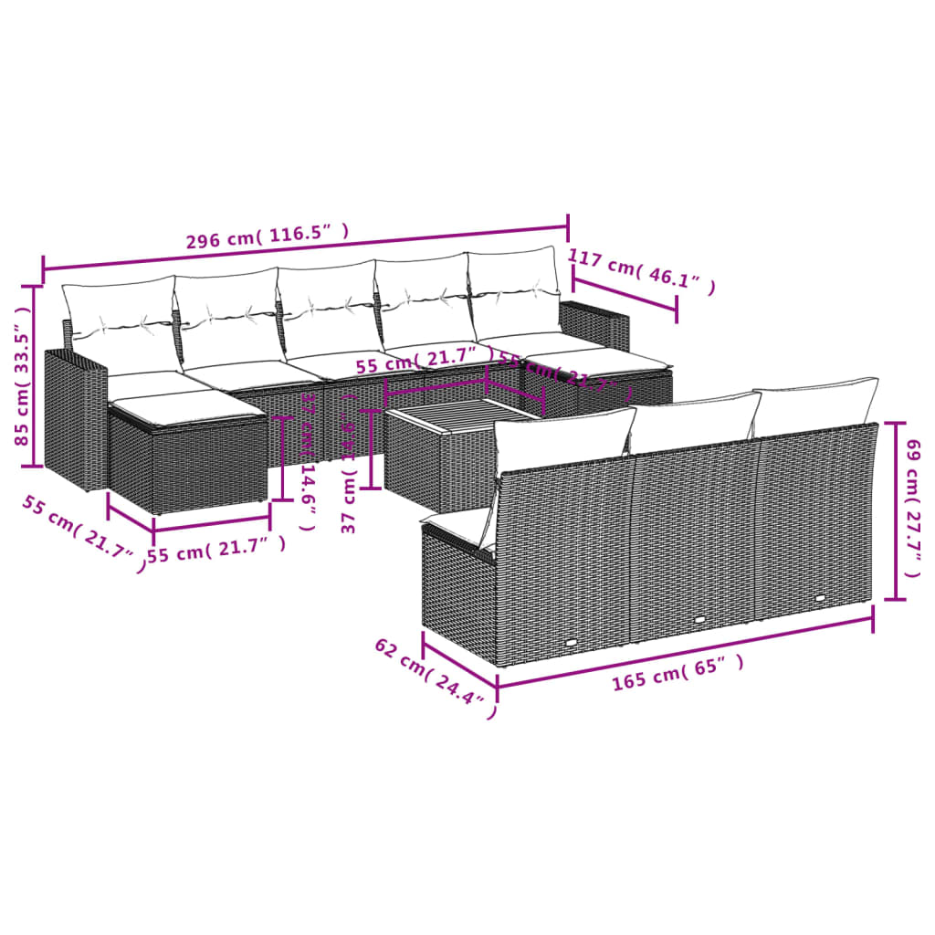 11-Delige Tuinset Met Kussens Poly Rattan Beige
