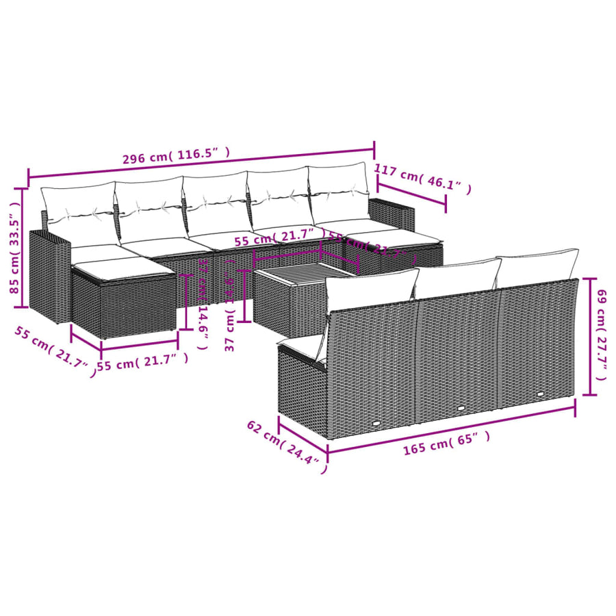 11-Delige Tuinset Met Kussens Poly Rattan Beige