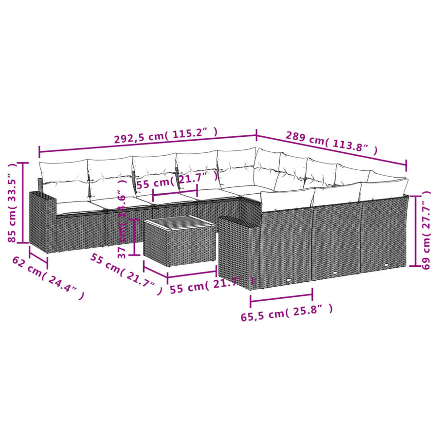 12-Delige Loungeset Met Kussens Poly Rattan Grijs