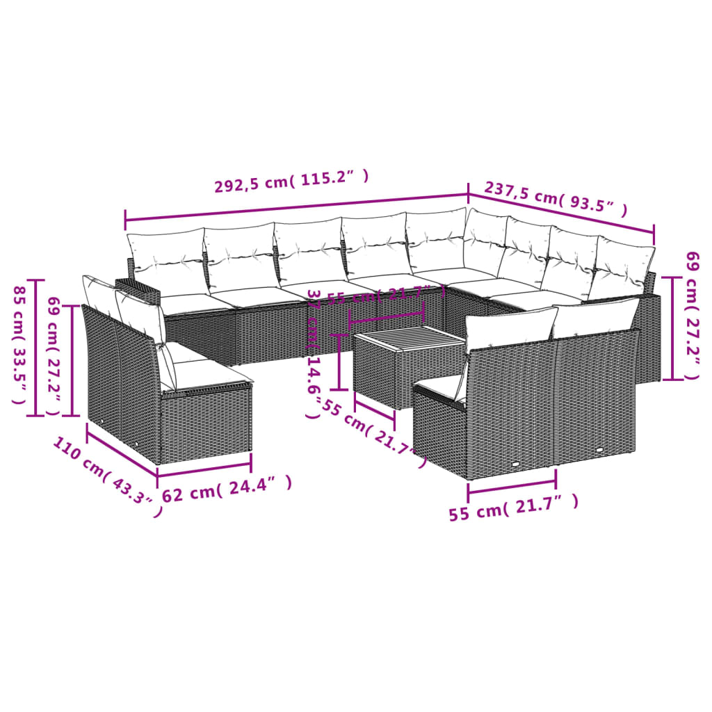 3-Delige Loungeset Met Kussens Poly Rattan Zwart