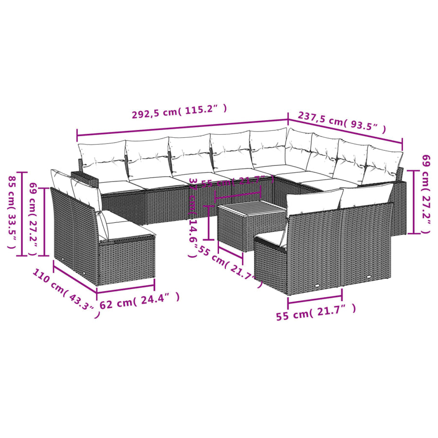 3-Delige Loungeset Met Kussens Poly Rattan Beige beige and cream