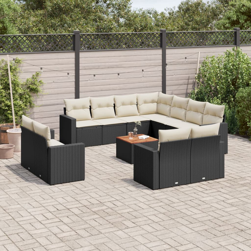 3-Delige Loungeset Met Kussens Poly Rattan Zwart en crème
