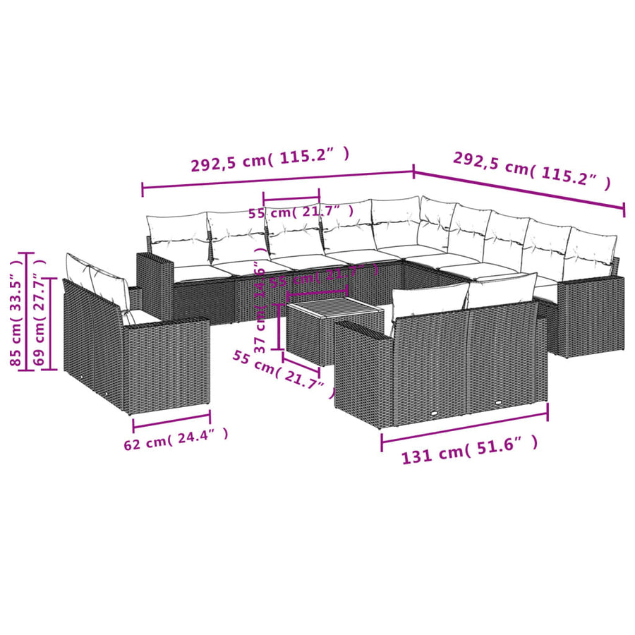 14-Delige Loungeset Met Kussens Poly Rattan Beige