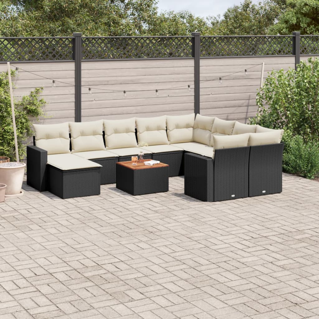 -Delige Loungeset Met Kussens Poly Rattan Zwart en crème