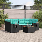 7-piece garden sofa set with cushions in black poly rattan