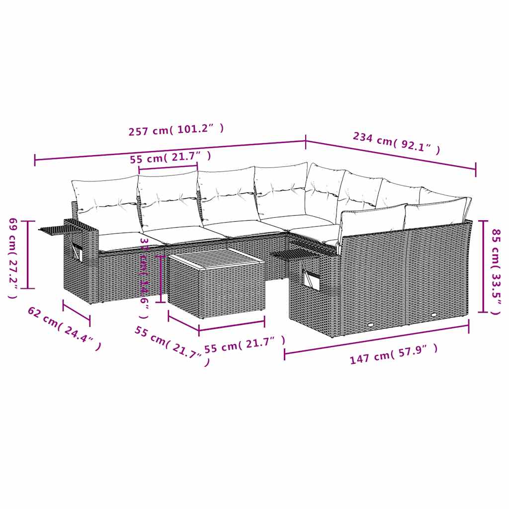 9-delige tuinbankset met kussens, grijs polyrotan