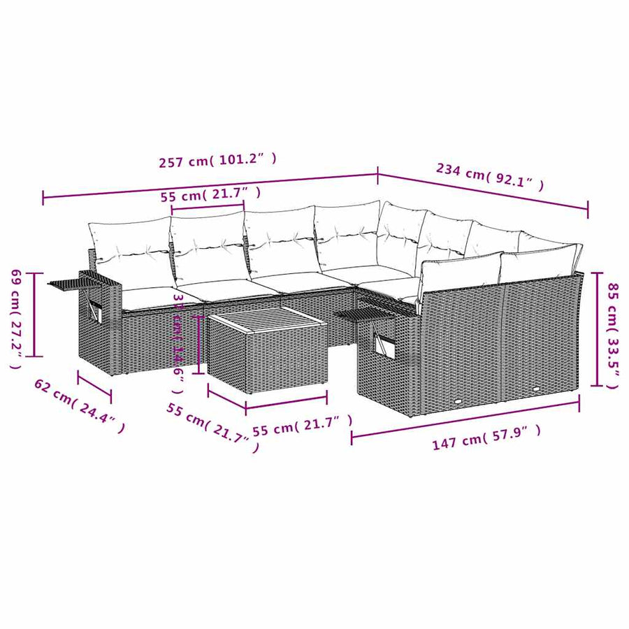9-delige tuinbankset met kussens, grijs polyrotan
