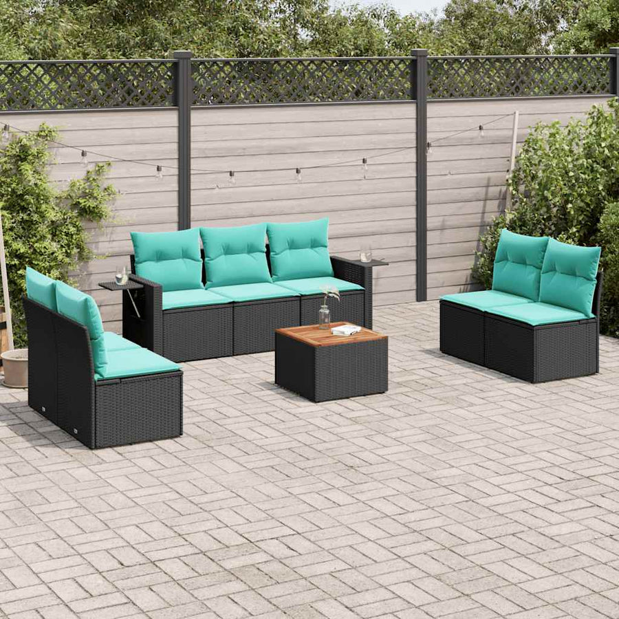 8-delige tuinbankset met kussens, zwart polyrotan