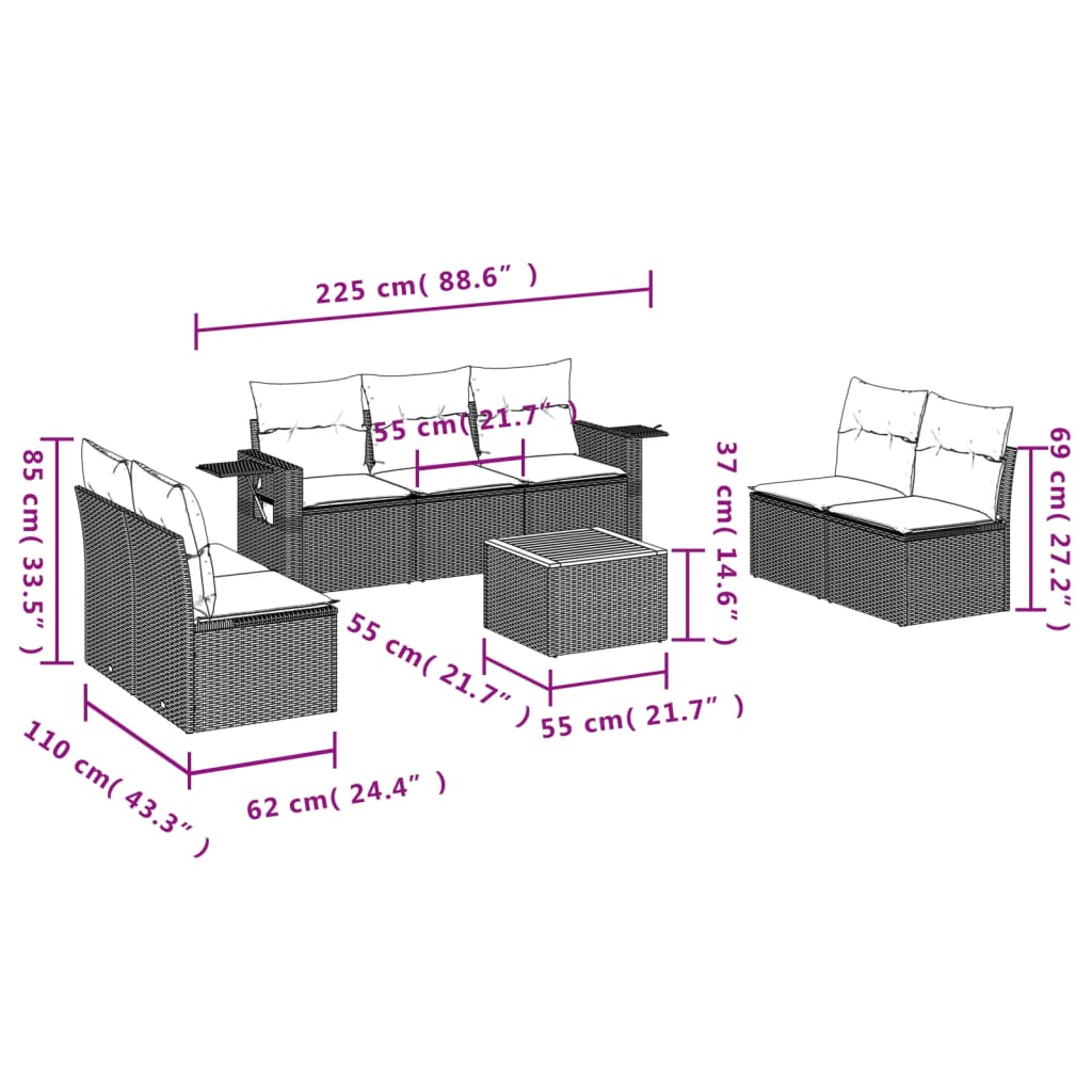 8-Delige Loungeset Met Kussens Poly Rattan Grijs