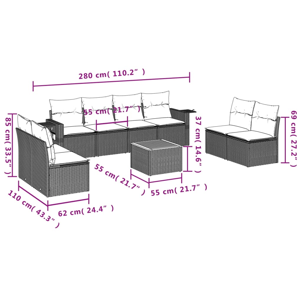 9-delige Loungeset met kussens poly rattan beige