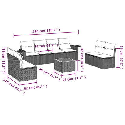 9-delige Loungeset met kussens poly rattan beige