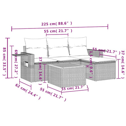 5-delige tuinbankset met kussens, grijs polyrotan