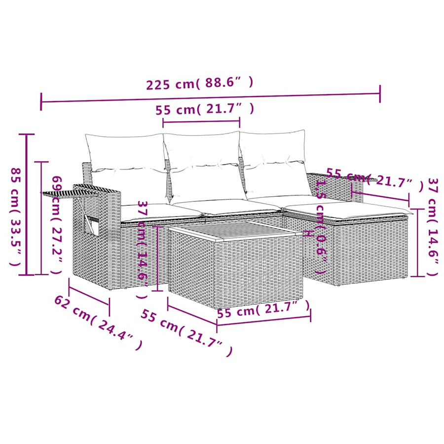 5-delige tuinbankset met kussens, grijs polyrotan