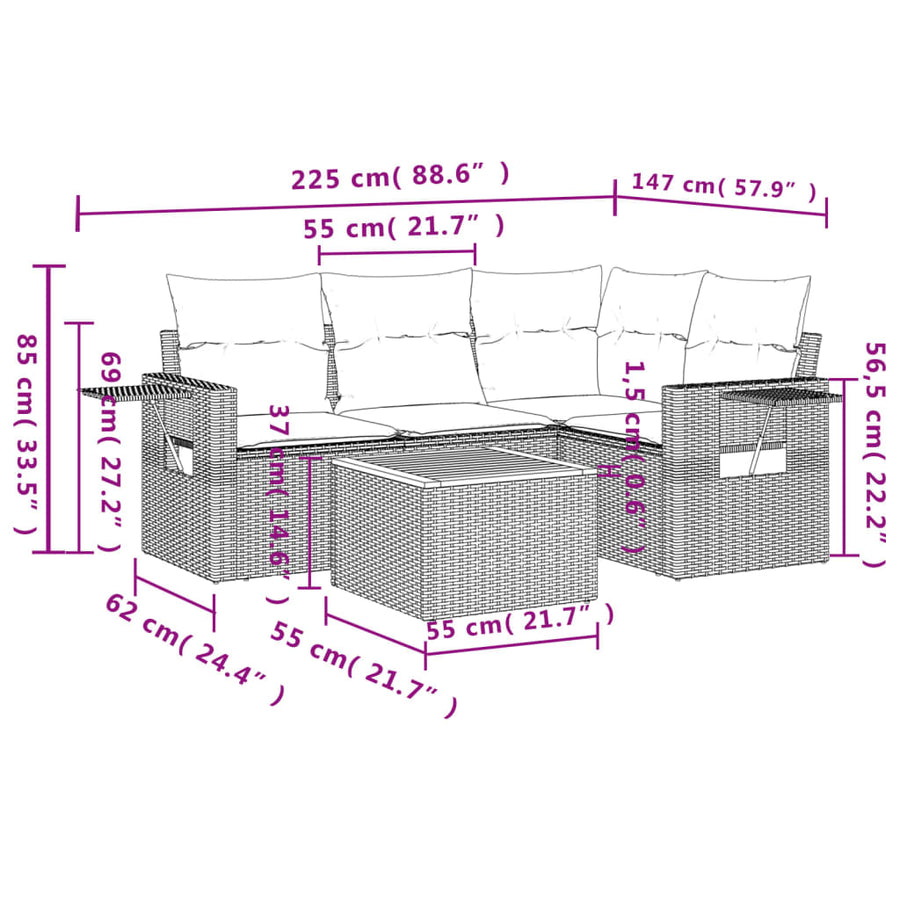 5-Delige Loungeset Met Kussens Poly Rattan Beige