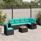 7-piece garden sofa set with cushions in black poly rattan