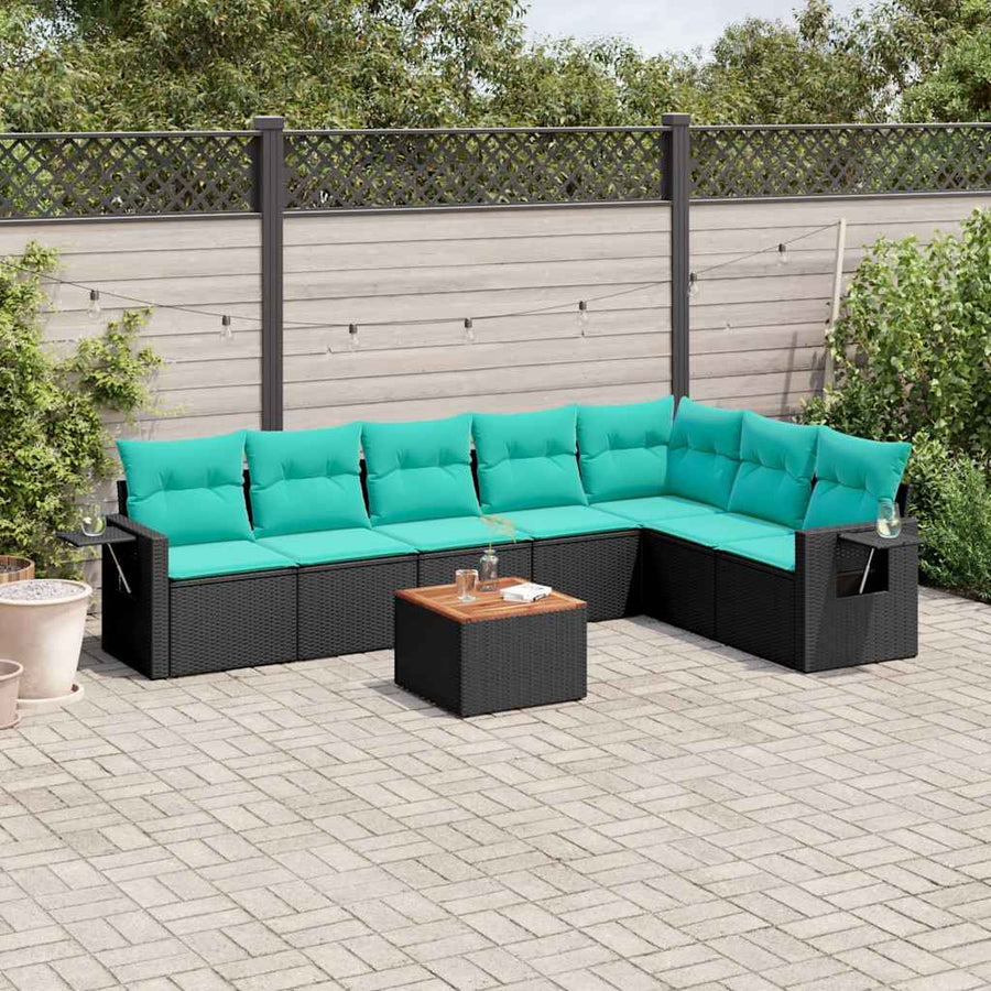 8-delige tuinbankset met kussens, zwart polyrotan
