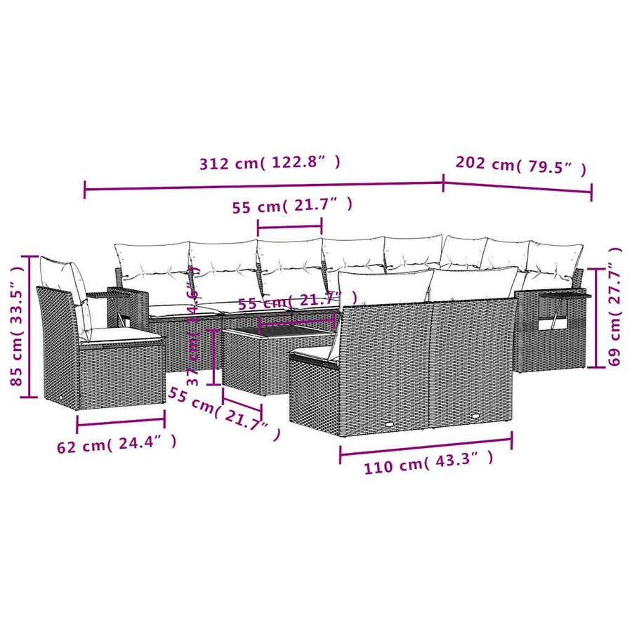 11-delige tuinbankset met kussens, zwart polyrotan