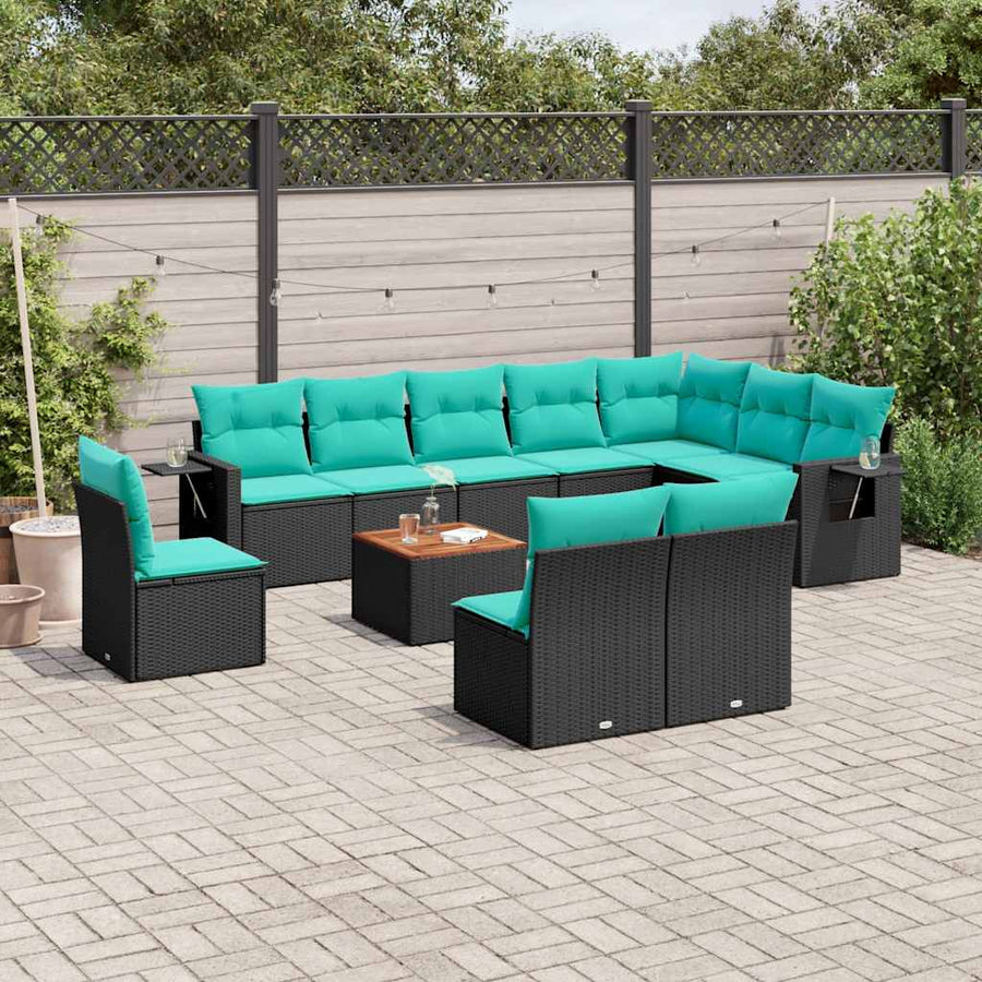 11-delige tuinbankset met kussens, zwart polyrotan