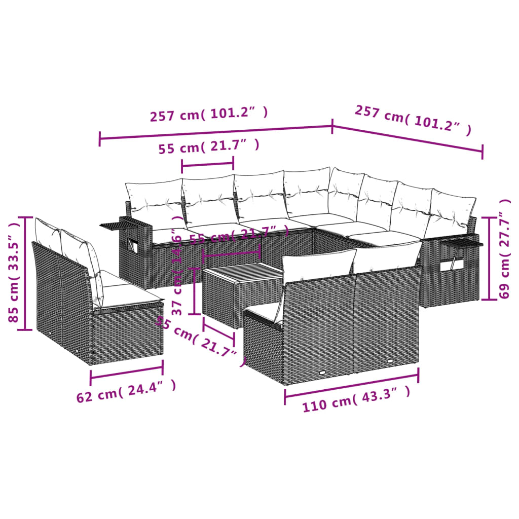12-Delige Loungeset Met Kussens Poly Rattan Beige