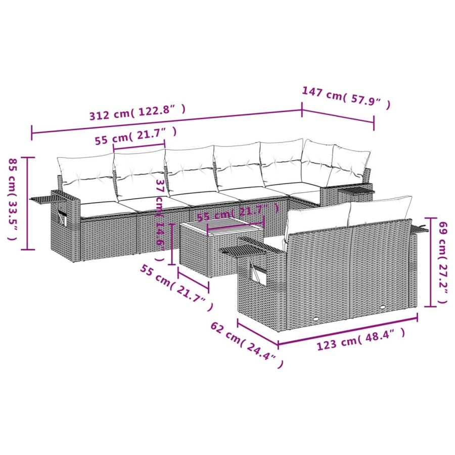 9-Delige Loungeset Met Kussens Poly Rattan Beige