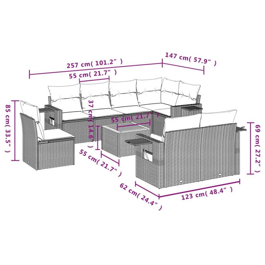 9-Delige Loungeset Met Kussens Poly Rattan Beige