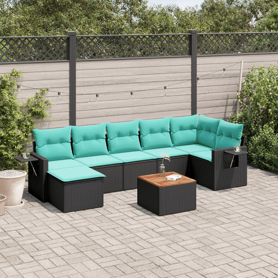 8-delige tuinbankset met kussens, zwart polyrotan