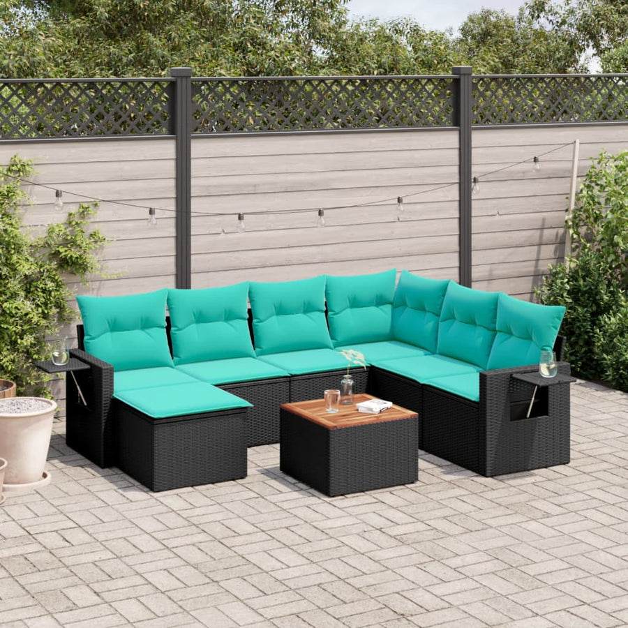 8-delige tuinbankset met kussens, zwart polyrotan
