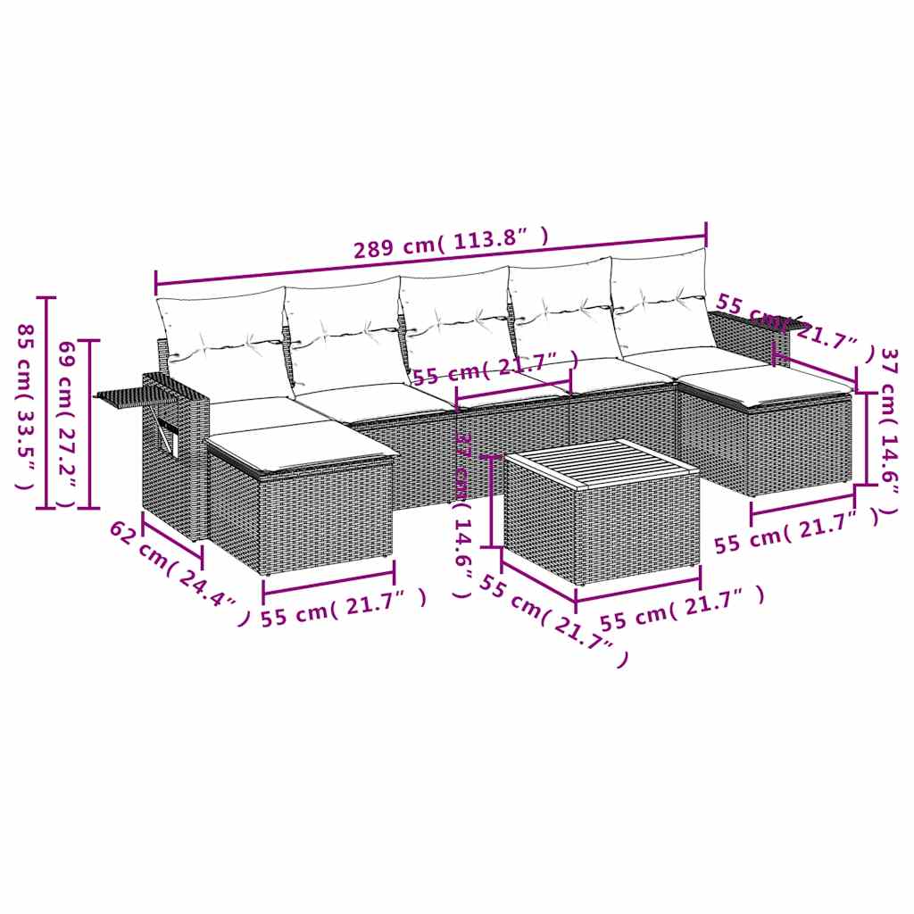 8-delige tuinbankset met kussens, grijs polyrotan