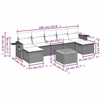 8-delige tuinbankset met kussens, grijs polyrotan