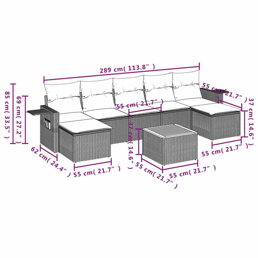 8-delige tuinbankset met kussens, grijs polyrotan