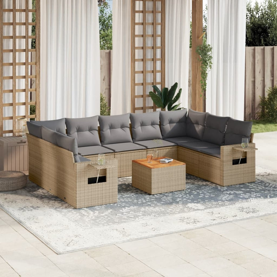 10-Delige Loungeset Met Kussens Poly Rattan Beige